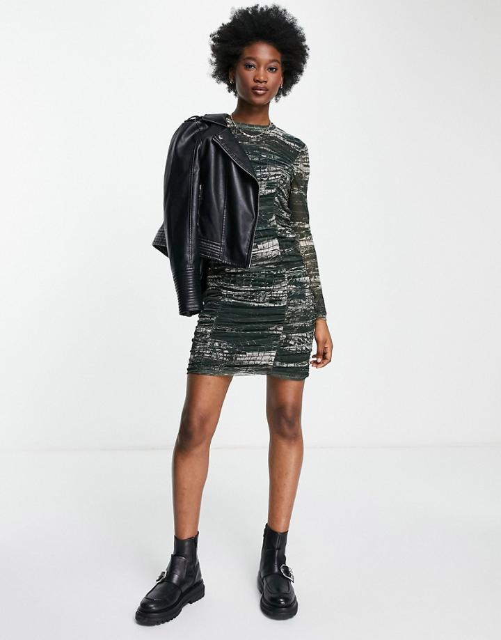 Pieces Mesh Detail Mini Body-conscious Dress In Green Print-multi