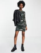 Pieces Mesh Detail Mini Body-conscious Dress In Green Print-multi