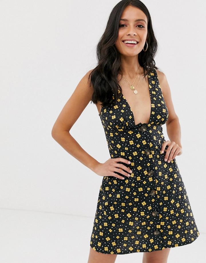 Asos Design Button Through Pansy Print Mini Sundress-multi