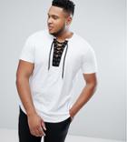 Asos Plus Longline T-shirt With Curved Hem And Deep V Contrast Lace Up Neck - White