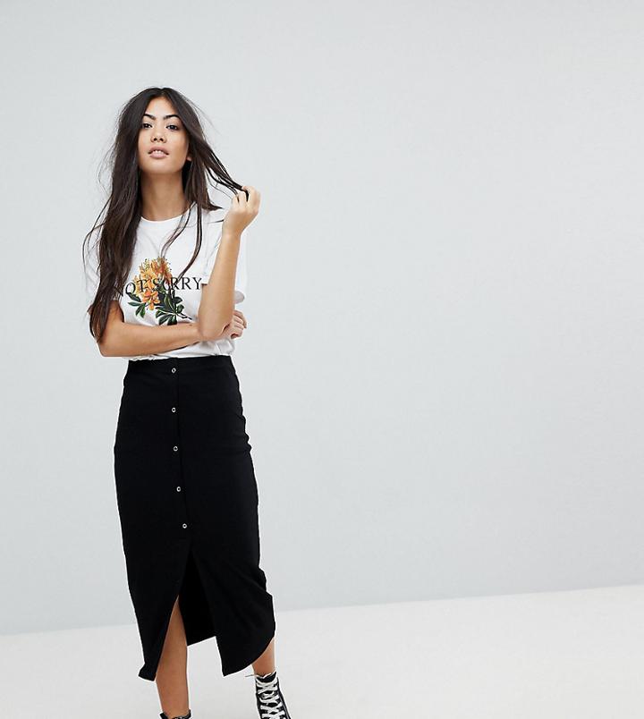 Asos Petite Rib Popper Midi Skirt - Black
