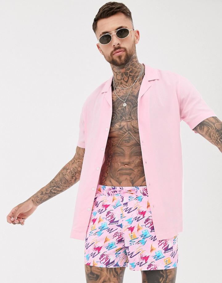 Asos Design Swim Shorts With Retro Cartoon Print In Short Length - Pink