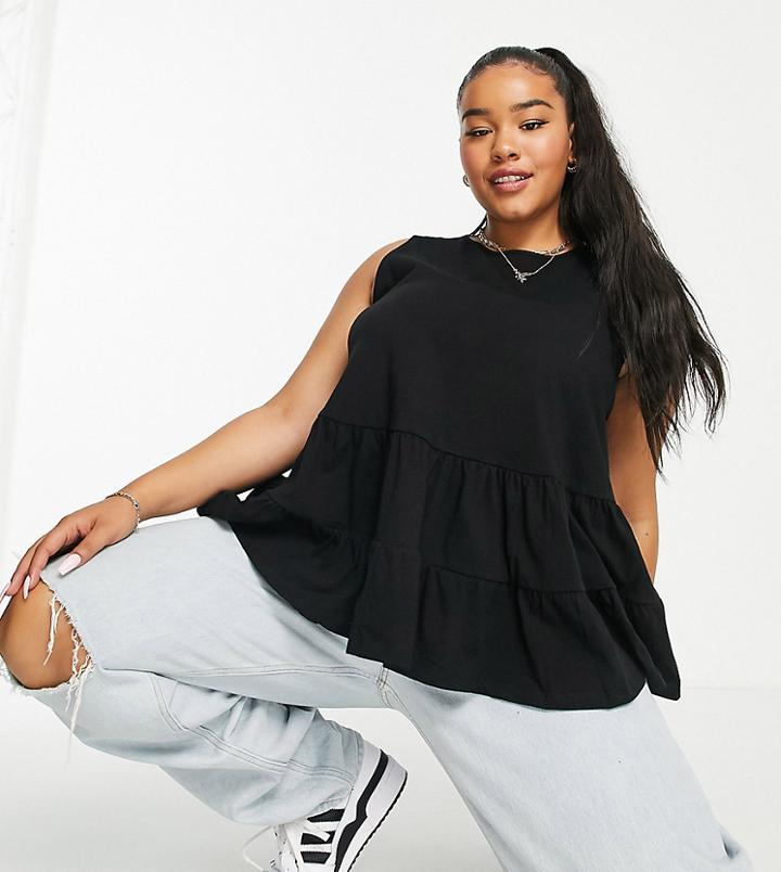 Asos Design Curve Sleeveless Tiered Smock Top In Black