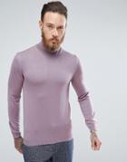 Asos Muscle Fit Merino Roll Neck Sweater In Lilac - Purple