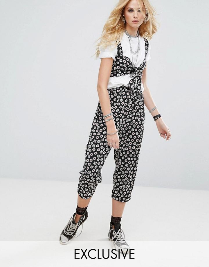 Reclaimed Vintage Inspired Drop Crotch Pants In Tile Print - Black