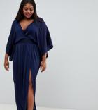 Flounce London Plus Wrap Front Kimono Maxi Dress With Split - Navy