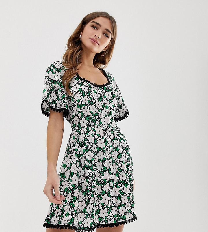 Miss Selfridge Petite Button Through Mini Tea Dress In Green - Green