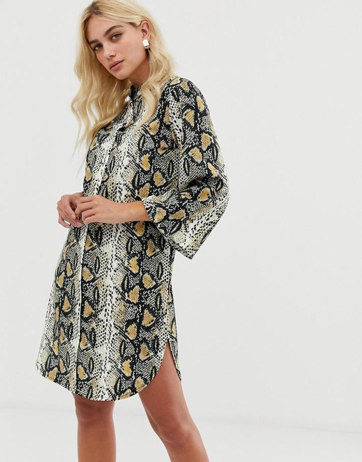 Zibi London Snake Print Shirt Dress With Belt Detail - Beige