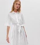 Monki Tie Waist Shirt Dress In White - White