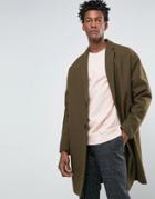 Asos Wool Mix Overcoat With Drop Shoulder In Army Green - Green