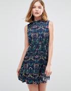 Iska Highneck Skater Dress In Floral Print