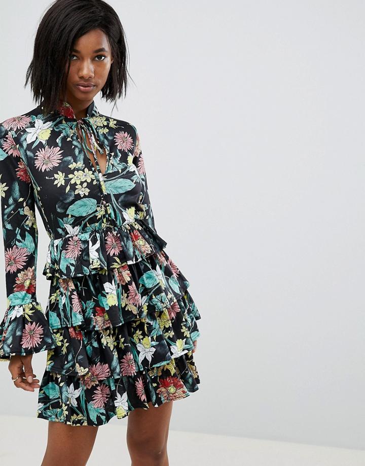 Club L High Neck Floral Dress With Tiered Frill Detail-black