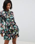 Club L High Neck Floral Dress With Tiered Frill Detail-black