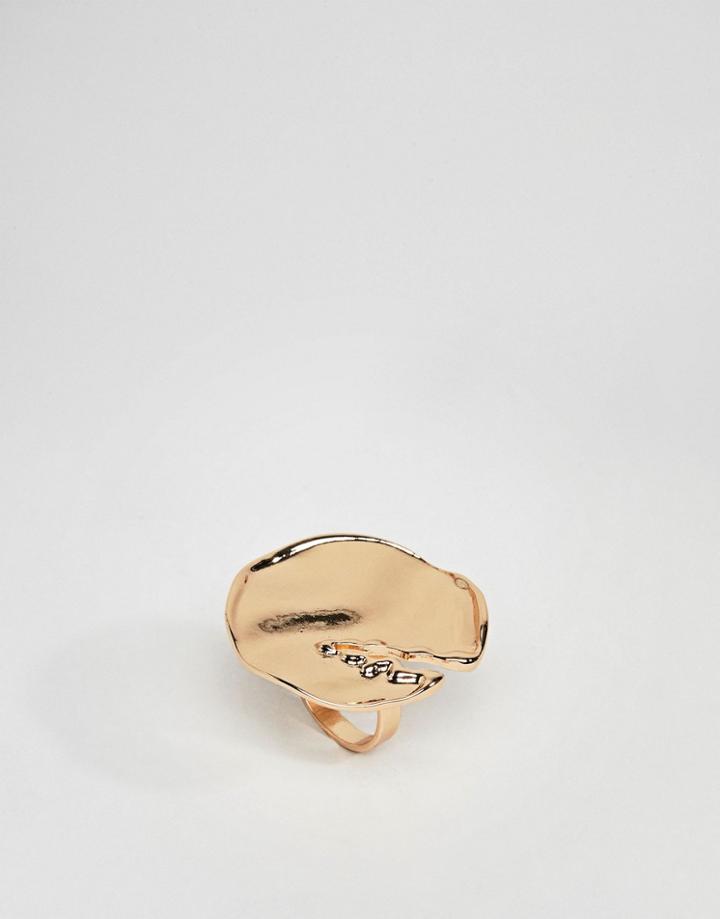 Asos Design Statement Ring With Abstract Hammered Detail In Gold - Gold