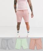 Asos Design Jersey Skinny Shorts In Shorter Length 3 Pack Gray Marl/mint/pink-multi