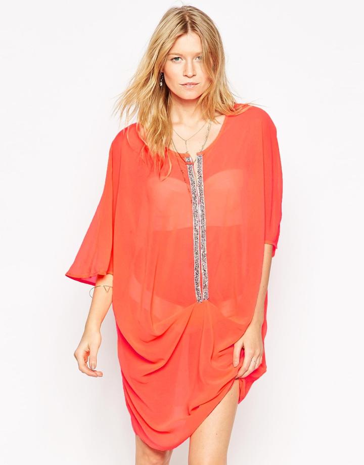Max C Embellished Caftan - Neon Coral 69