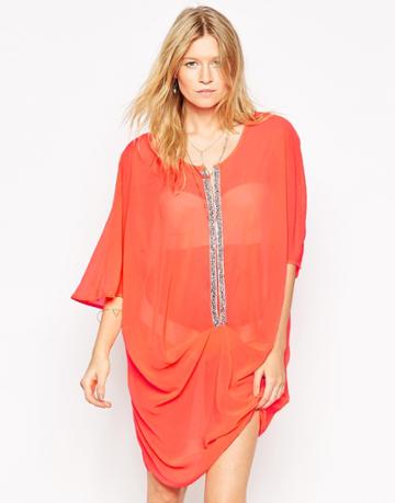 Max C Embellished Caftan - Neon Coral 69