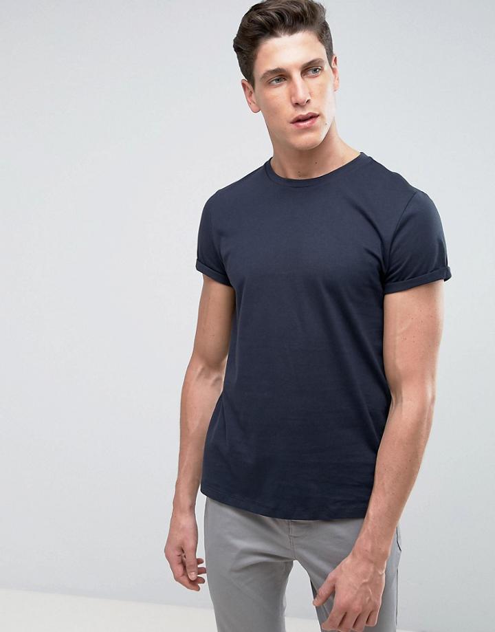 Asos T-shirt With Crew Neck And Roll Sleeve In Navy - Navy