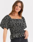 Asos Design Shirred Floral Top With Square Neck In Linen