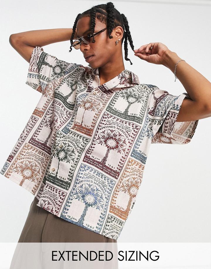 Asos Design Boxy Oversized Shirt In Linen Look Tree Matchbox Print-neutral