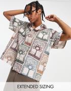 Asos Design Boxy Oversized Shirt In Linen Look Tree Matchbox Print-neutral