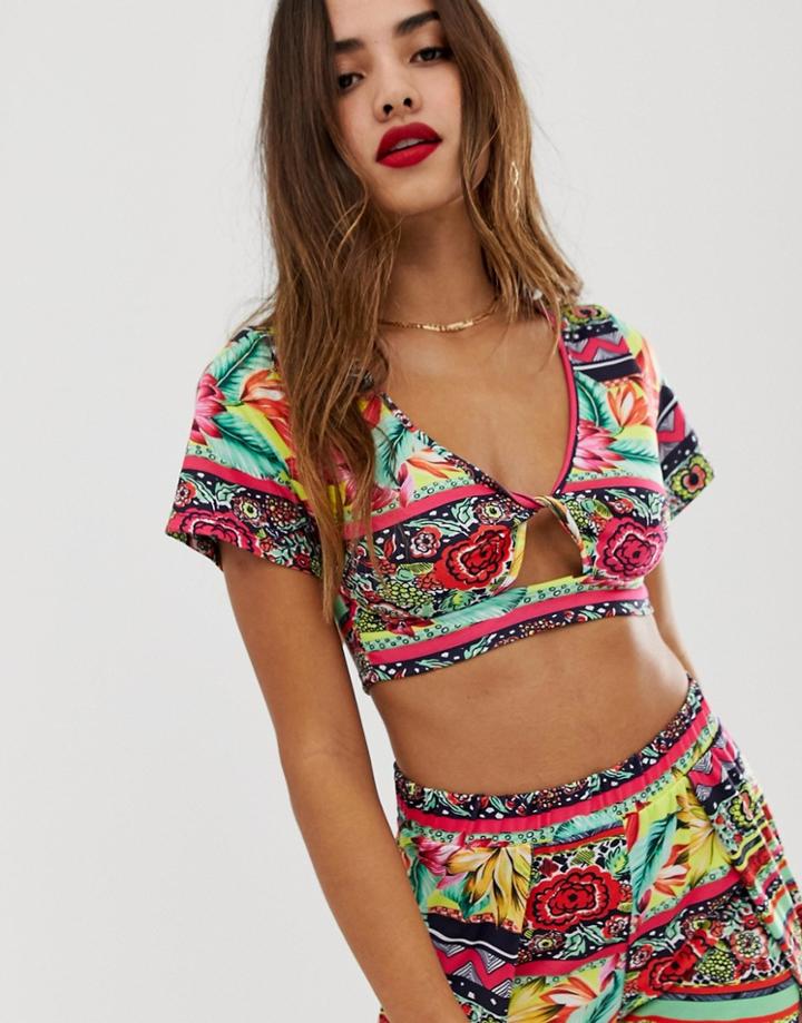 Asos Design Beach Wrap Jersey Crop Top In Tropical Tile Print Coord-multi