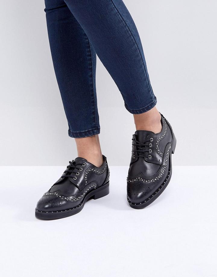 Asos Monterey Leather Studded Flat Shoes - Black