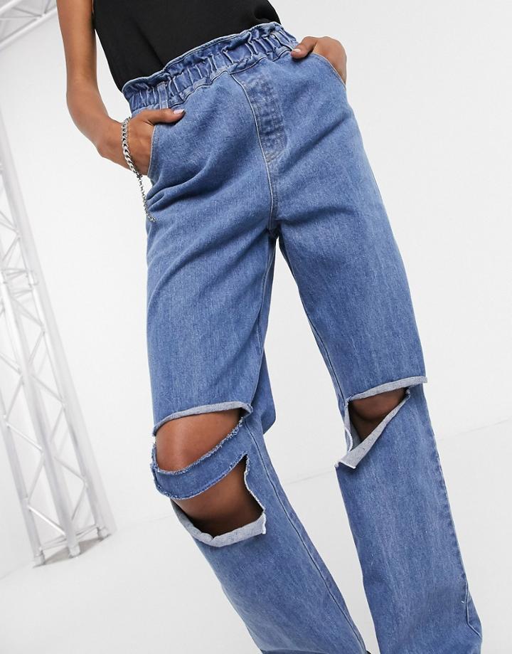Emory Park Relaxed Jeans With Ripped Knees And Paper Bag Waist-blues