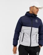 Gym King Hooded Puffer Jacket In Navy Color Block - Navy