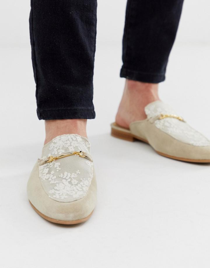 Asos Design Backless Mule Loafer In Stone Suede With Lace Overlay And Snaffle Detail - Black