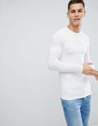 Asos Design Longline Long Sleeve T-shirt With Crew Neck In White - White