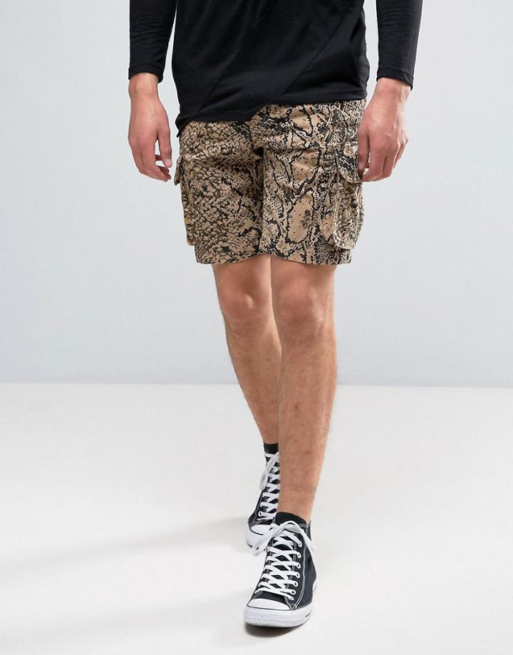 Asos Slim Cargo Shorts In Snake Print - Stone
