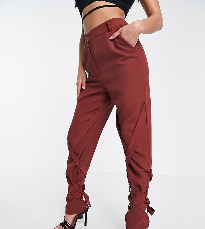 Club L London Petite Tie Detail Cigarette Pants In Brown - Part Of A Set