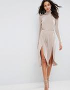 Asos High Neck Slinky Double Split Dress - Beige