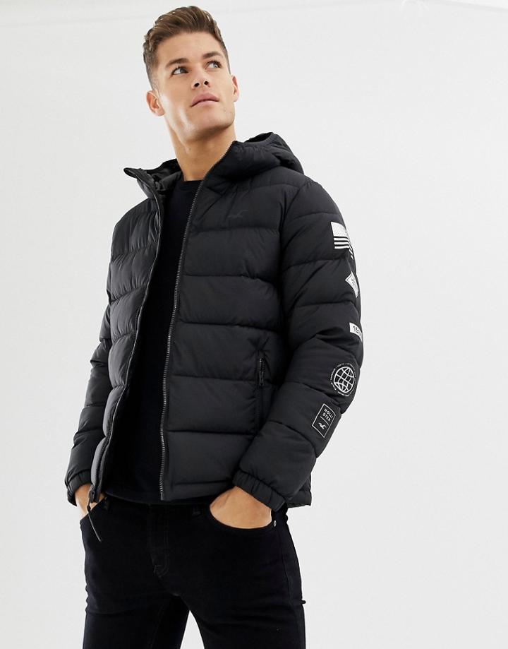 Hollister Hooded Puffer Jacket Icon Logo In Black - Black