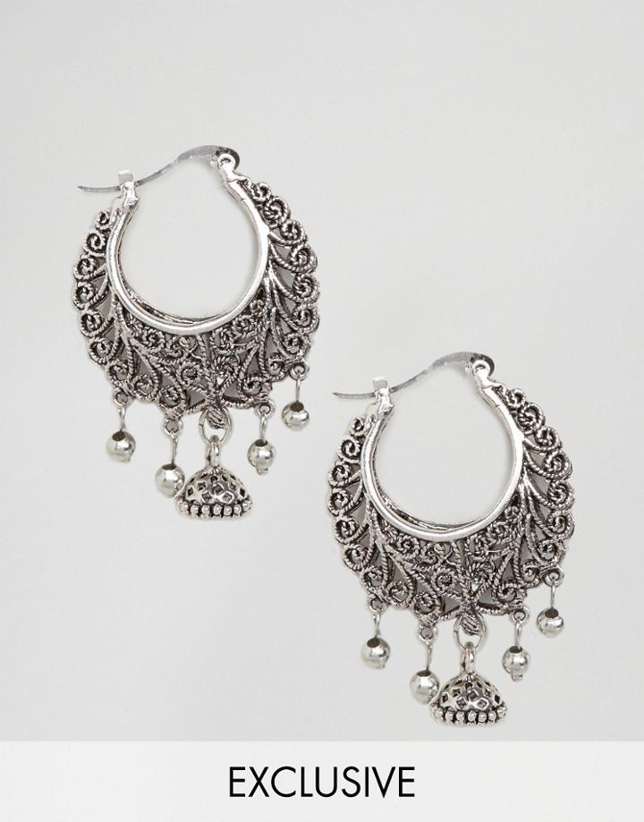 Reclaimed Vintage Bell Detail Hoop Earrings - Silver