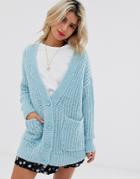 Asos Design Rib Knit Button Cardigan In Oversized Shape-blue