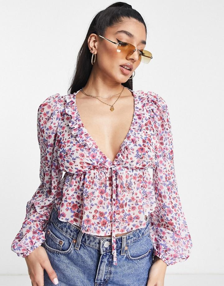 Miss Selfridge Ruffle Tie Front Crop Blouse In Ditsy Print-multi