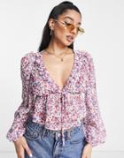 Miss Selfridge Ruffle Tie Front Crop Blouse In Ditsy Print-multi