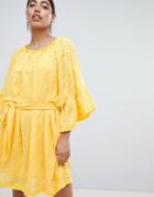 Lost Ink Off Shoulder Embroidered Mini Dress With Tie Waist - Yellow