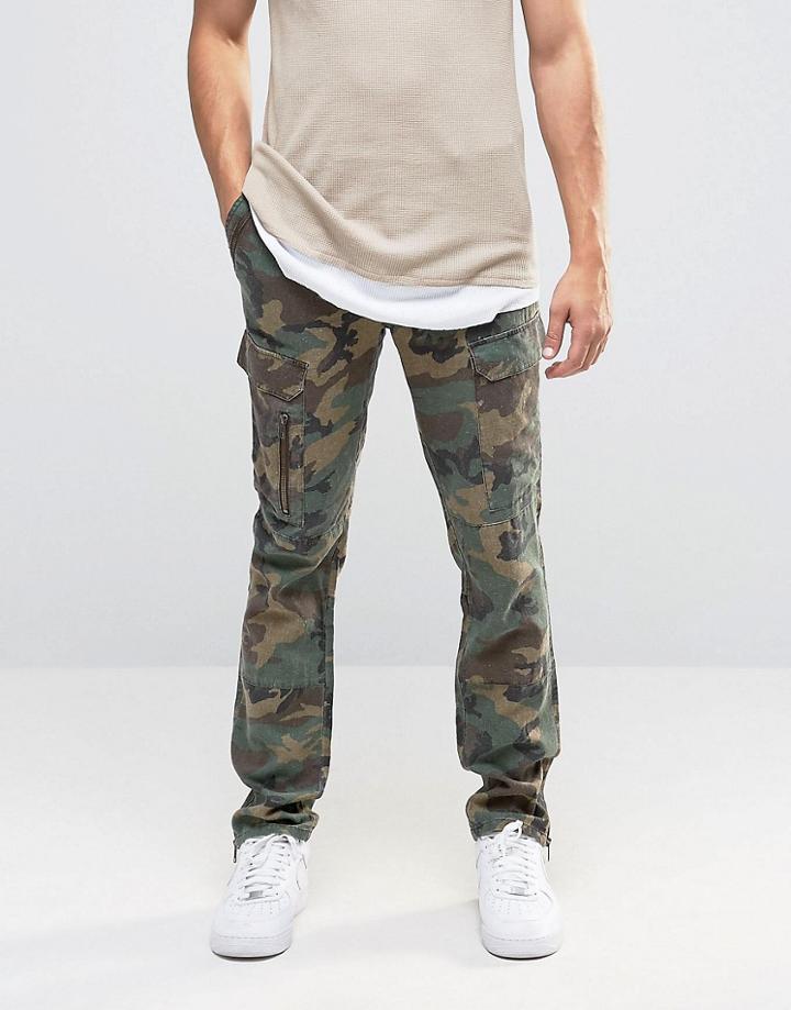 Asos Camo Skinny Chinos In Linen Mix - Green