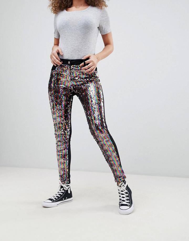 Parisian Skinny Festival Jeans In Rainbow Sequins - Black