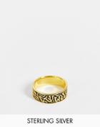 Asos Design Sterling Silver Band Ring With Wave Design In Burnished Gold Tone