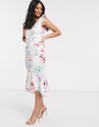 Lipsy X Abbey Clancy Glitter Chiffon Frill Maxi Dress In Cream Floral Print-multi