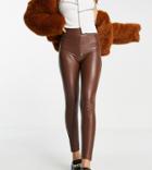 Bershka Petite Faux Leather Legging In Brown