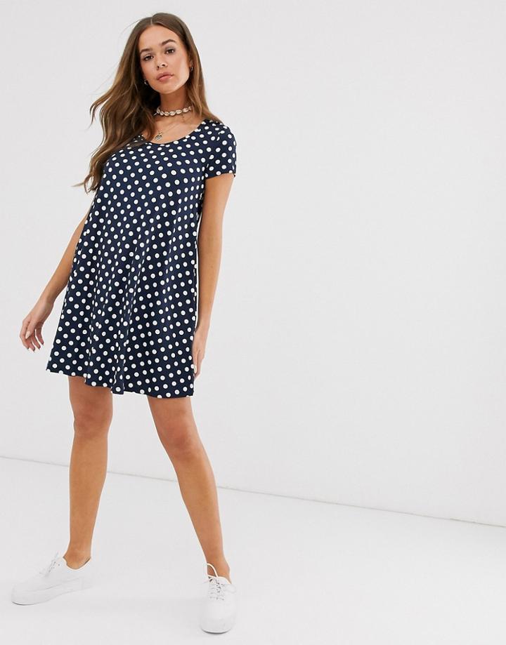 Brave Soul Swing Dress In Navy Polka Dot