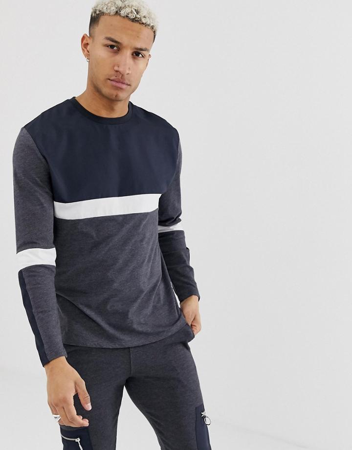 Asos Design Relaxed Long Sleeve T-shirt With Nylon Cut And Sew In Gray - Gray