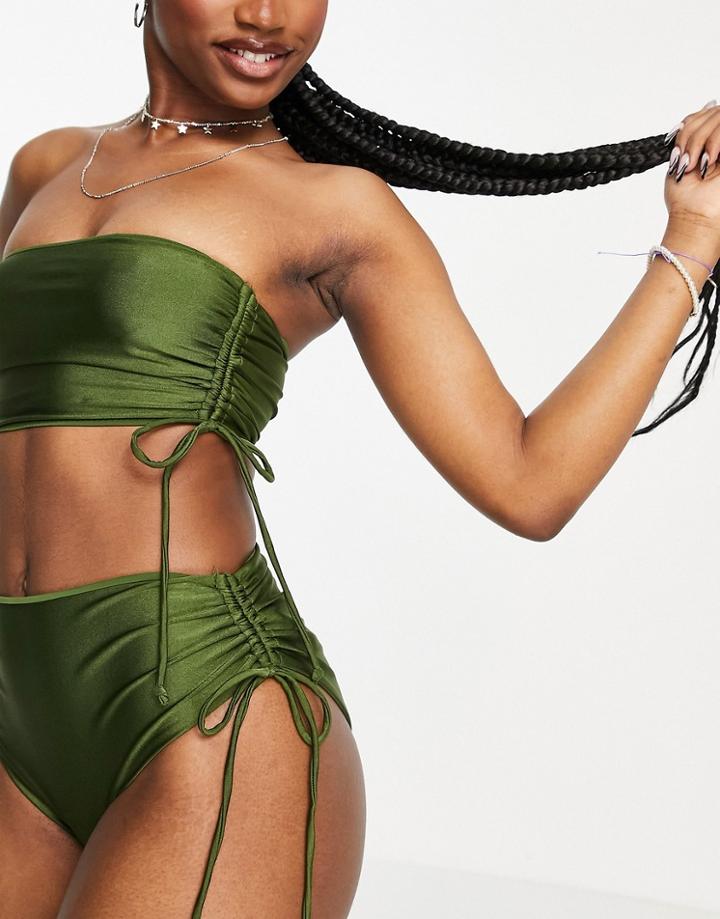 Topshop Shiny Bandeau Bikini Top In Khaki-green