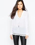 B.young 3/4 Sleeve Top With Lace Sleeve - Off White