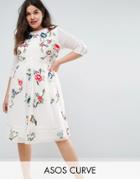 Asos Curve Premium Midi Skater Dress With Floral Embroidery - White